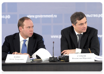 Minister and Chief of the Government Staff Anton Vaino and Deputy Prime Minister Vladislav Surkov at a meeting of the Government Commission on High Technology and Innovation|30 january, 2012|18:07