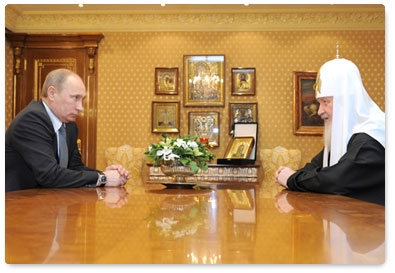 Prime Minister Vladimir Putin visits St Daniel Monastery to congratulate Patriarch Kirill of Moscow and All Russia on the third anniversary of his enthronement