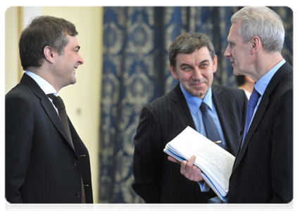 Deputy Prime Minister Vladislav Surkov, Minister of Education and Science Andrei Fursenko and director of the Russian government's Department for Science, High Technologies and Education Alexander Khlunov|13 february, 2012|20:26