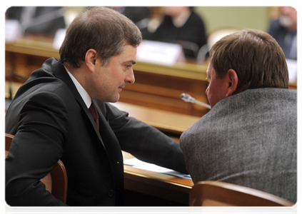 Deputy Prime Minister Vladislav Surkov and Rector of the St Petersburg National Research University of Information Technology, Mechanics and Optics Vladimir Vasilyev|14 february, 2012|17:46