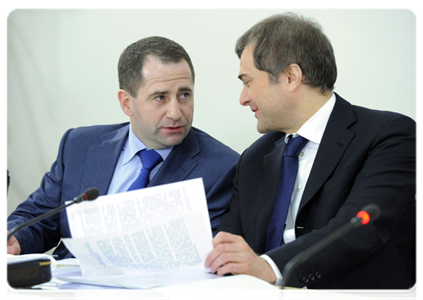 Deputy Prime Minister Vladislav Surkov and Presidential Plenipotentiary Envoy in the Volga Federal District Mikhail Babich at a videoconference on the implementation of demographic policy and regional programmes to modernise healthcare|15 february, 2012|20:32