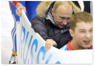 Prime Minister Vladimir Putin visits the bobsleigh, luge and skeleton complex in Paramonovo in the Moscow Region and takes a ride down the bobsleigh track