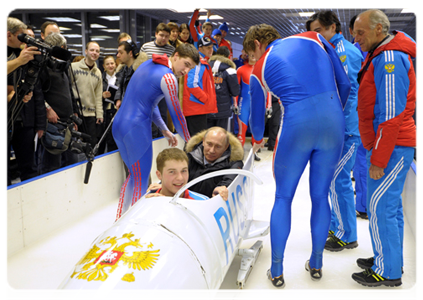 Prime Minister Vladimir Putin visits the bobsleigh, luge and skeleton complex in Paramonovo in the Moscow Region and rides down the bobsleigh track|16 february, 2012|15:05