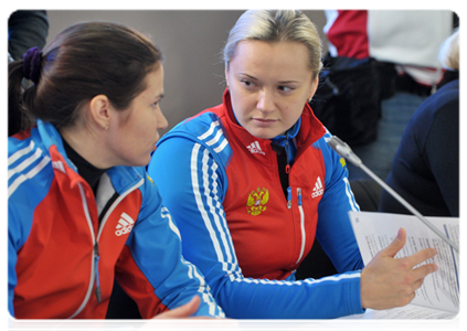 Members of the Russian national luge team Tatyana Ivanova and Alexandra Rodionova at a video conference on the development of training centres for Russian national teams|16 february, 2012|15:51