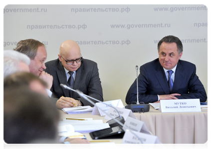 Deputy Finance Minister Alexei Lavrov and Minister of Sport, Tourism and Youth Policy Vitaly Mutko at a video conference meeting on the development of training centres for Russian national teams|16 february, 2012|15:52