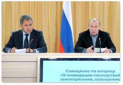 Prime Minister Vladimir Putin holds a meeting on earthquake relief in Siberian regions as part of his working trip to Abakan, Khakassia