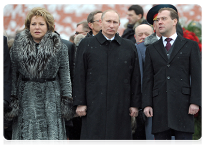 Federation Council Speaker Valentina Matviyenko, Prime Minister Vladimir Putin and President Dmitry Medvedev at a wreath-laying ceremony on Defender of the Fatherland Day at the Tomb of the Unknown Soldier in Moscow|23 february, 2012|14:05