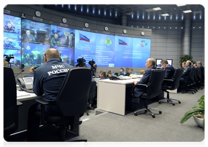 Prime Minister Vladimir Putin holds a teleconference on the extreme cold in some regions at the National Crisis Management Centre under the Emergencies Ministry|9 february, 2012|20:59