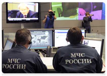 Prime Minister Vladimir Putin holds a teleconference on the extreme cold in some regions at the National Crisis Management Centre under the Emergencies Ministry|9 february, 2012|21:16