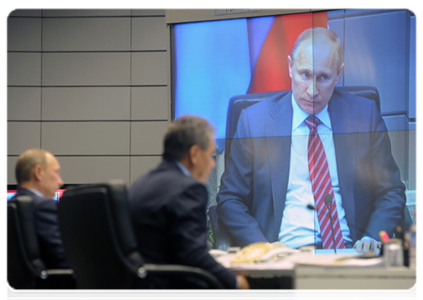 Prime Minister Vladimir Putin holds a teleconference on the extreme cold in some regions at the National Crisis Management Centre under the Emergencies Ministry|9 february, 2012|21:52