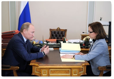 Vladimir Putin holds a meeting with Minister of Economic Development Elvira Nabiullina