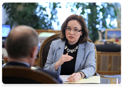 Minister of Economic Development Elvira Nabiullina at a meeting with Prime Minister Vladimir Putin|12 march, 2012|11:51