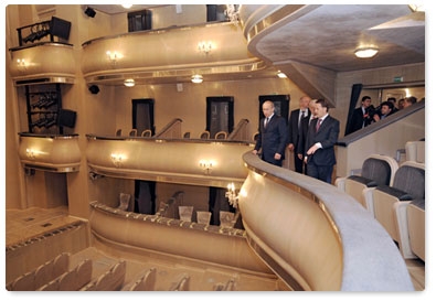 Prime Minister Vladimir Putin visits the Koltsov State Academic Drama Theatre which is under reconstruction in Voronezh
