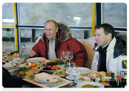 Dmitry Medvedev and Vladimir Putin meet with former Italian Prime Minister Silvio Berlusconi at the Krasnaya Polyana alpine ski resort|8 march, 2012|15:16