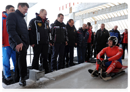 President Dmitry Medvedev, Prime Minister Vladimir Putin and former Italian Prime Minister Silvio Berlusconi visit a bobsleigh and luge track and attend test races in Sochi|9 march, 2012|17:32