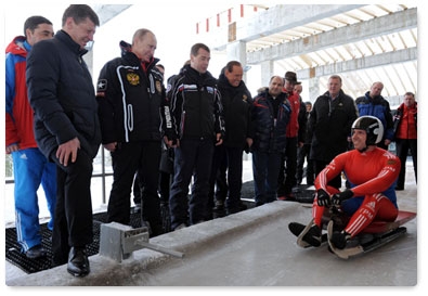 President Dmitry Medvedev and Prime Minister Vladimir Putin visit a bobsleigh and luge track and attend test races in Sochi together with former Italian Prime Minister Silvio Berlusconi during the latter’s private visit to Russia