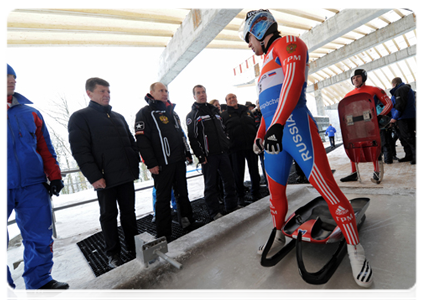 President Dmitry Medvedev, Prime Minister Vladimir Putin and former Italian Prime Minister Silvio Berlusconi visit a bobsleigh and luge track and attend test races in Sochi|9 march, 2012|17:44