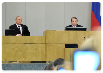 Prime Minister Vladimir Putin and State Duma Speaker Sergei Naryshkin at a session of the State Duma|11 april, 2012|12:59
