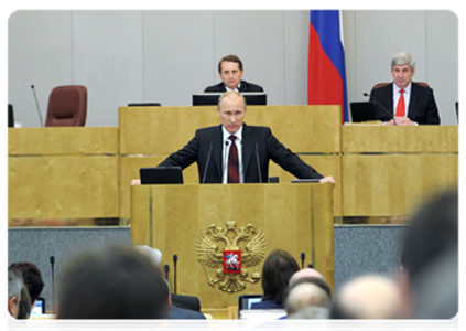 Председатель Правительства Российской Федерации В.В.Путин выступил в Государственной Думе с отчётом о деятельности Правительства Российской Федерации за 2011 год|11 апреля, 2012|13:34