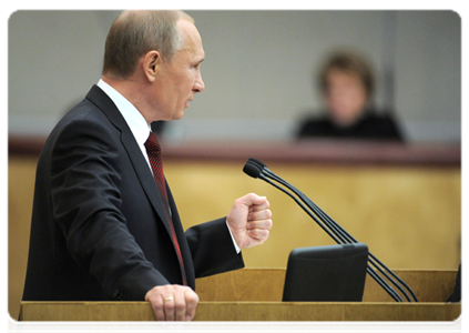 Председатель Правительства Российской Федерации В.В.Путин выступил в Государственной Думе с отчётом о деятельности Правительства Российской Федерации за 2011 год|11 апреля, 2012|13:34