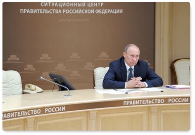 Prime Minister Vladimir Putin holds a video conference on the completion of the bridge across the Eastern Bosporus Strait as part of preparations for APEC-2012 Leaders Week, and on wildfires in the Trans-Baikal Territory