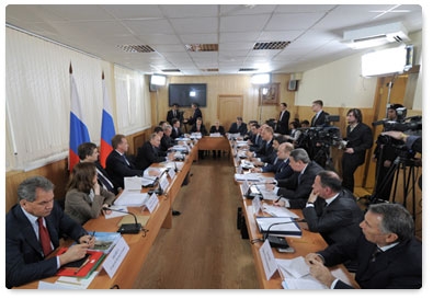 Prime Minister Vladimir Putin chairs a meeting on housing construction in the town of Istra