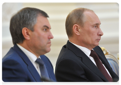 Prime Minister Vladimir Putin and First Deputy Chief of Staff of the Presidential Executive Office Vyacheslav Volodin|24 april, 2012|16:40