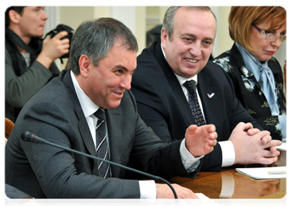 First Deputy Head of the Presidential Executive Office Vyacheslav Volodin and leader of the National Public Organisation The Russian Union of Afghanistan Veterans Frants Klintsevich|3 april, 2012|16:19